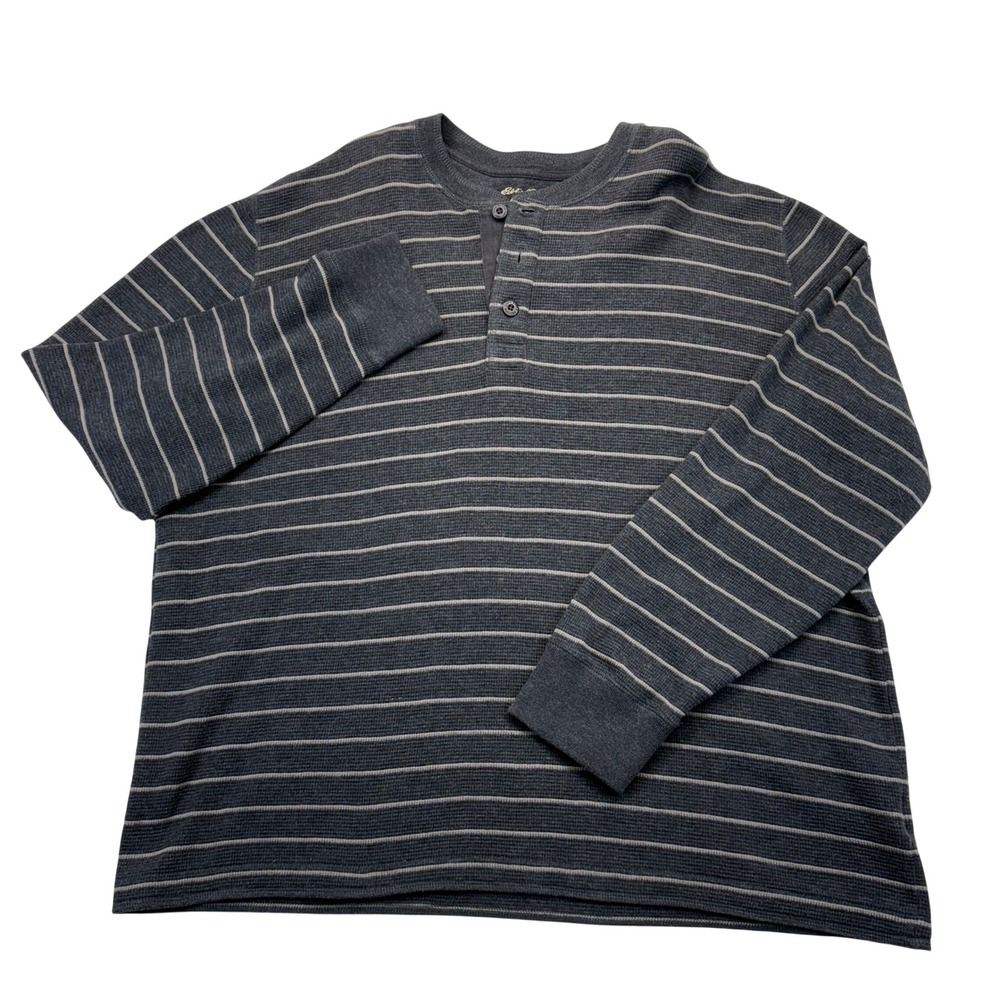 Eddie Bauer Mens XL Henley Shirt Gray Striped Waffle Knit Thermal Long Sleeve